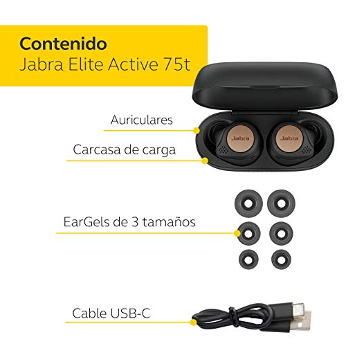 Jabra Elite Active 75t Amazon Edition - Auriculares deportivos inalámbricos con Cancelación Activa de Ruido y batería de larga duración para llamadas y música – Negro Cobre