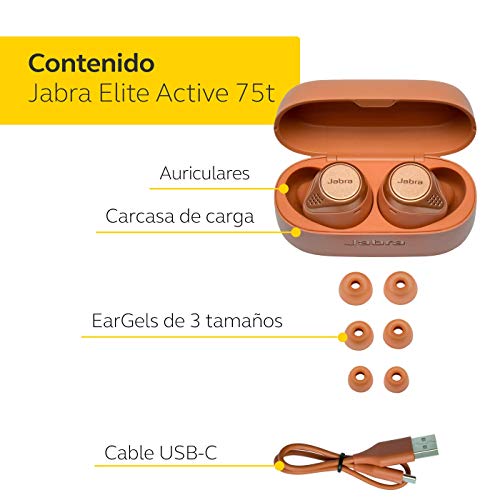 Jabra Elite Active 75t – - Auriculares deportivos inalámbricos con Cancelación Activa de Ruido y batería de larga duración para llamadas y música – Sienna