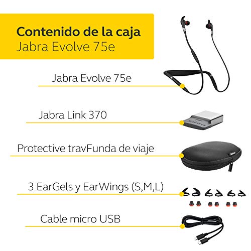 Jabra Evolve 75e UC - Auriculares Inalámbricos Optimizados para Comunicaciones Unificadas, Batería de Larga Duración, Cinta Vibratoria para el Cuello y Luz "Busylight", Negro