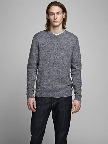 Jack & Jones Jjebasic Knit V-Neck Noos suéter, Gris (Navy Blazer Detail: Twisted with Jet Stream), Large para Hombre