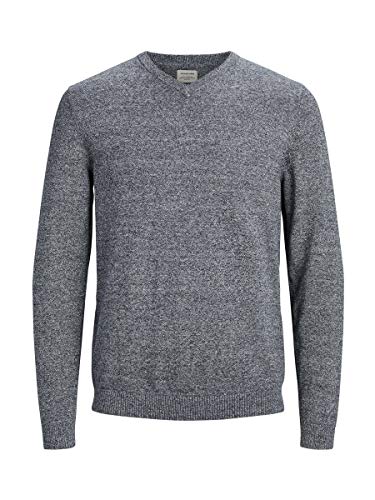 Jack & Jones Jjebasic Knit V-Neck Noos suéter, Gris (Navy Blazer Detail: Twisted with Jet Stream), Large para Hombre