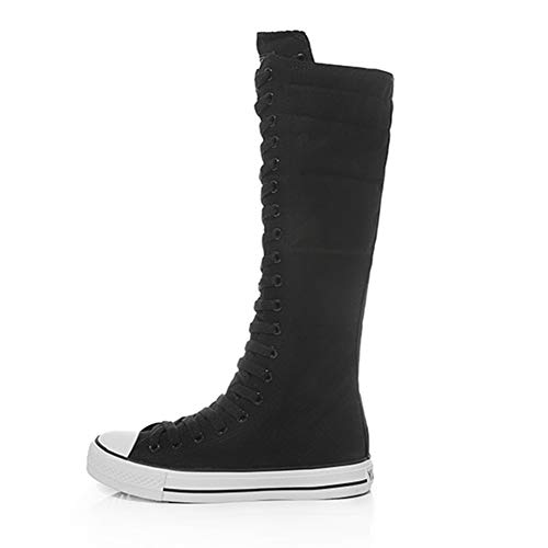 Jamron Mujer Moda Lona Botas de Baile Rodilla Alta Botas de Ciclismo Chicas Lujosa Zapatos Escolares Negro 905 EU38