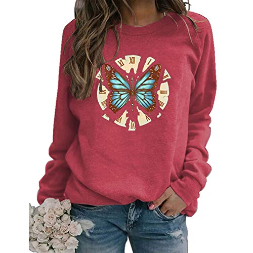 Janly Clearance Sale Blusa de manga larga para mujer, diseño de reloj de mariposa, cuello redondo, sudadera para mujer, para invierno, Navidad (rosa/S)