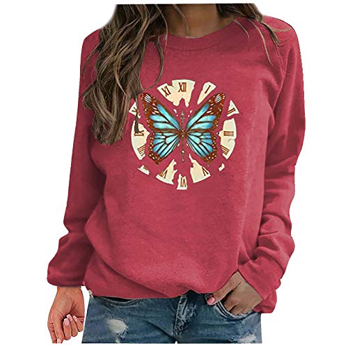 Janly Clearance Sale Blusa de manga larga para mujer, diseño de reloj de mariposa, cuello redondo, sudadera para mujer, para invierno, Navidad (rosa/S)