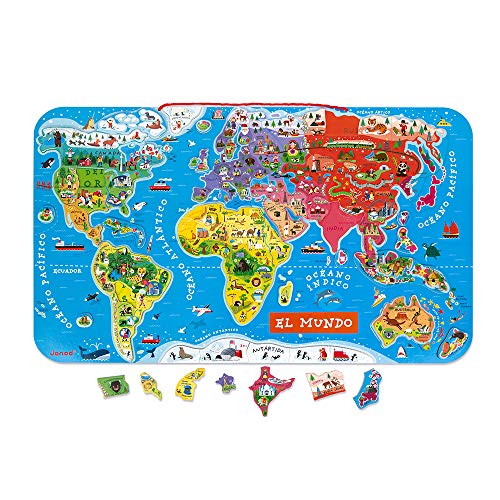 Janod - Puzzle magnético Mapa del Mundo en madera- 92 piezas magnéticas - 70 x 43 cm - Versión Española - Juego educativo a partir de 7 años, J05503