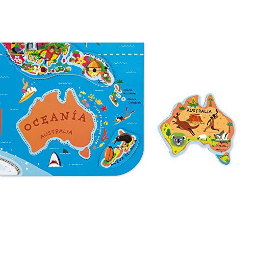 Janod - Puzzle magnético Mapa del Mundo en madera- 92 piezas magnéticas - 70 x 43 cm - Versión Española - Juego educativo a partir de 7 años, J05503