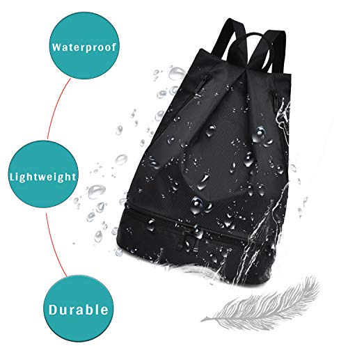 JANSBEN Bolsas de Cuerdas Impermeable Bolsas de Gimnasia Deporte Gymsack Hombre Mujer Niños con Bolsas Zapatops Cremallera Mochila Escuela Gym Viajar, 7 Colores (A052-Negro)