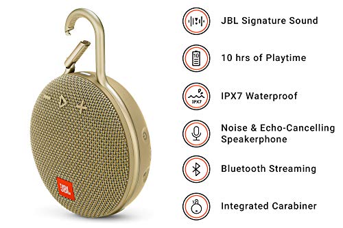 JBL Clip 3 - Altavoz inalámbrico portátil con Bluetooth, parlante resistente al agua (IPX7), hasta 10h de música continua, arena