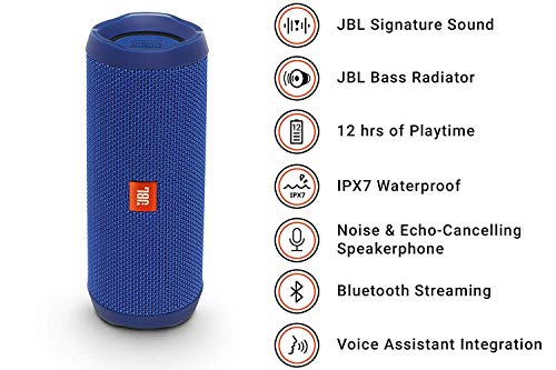 JBL Flip 4 - Altavoz inalámbrico portátil con Bluetooth, parlante resistente al agua (IPX7), JBL Connect+, hasta 12 h de reproducción con sonido de alta fidelidad, azul