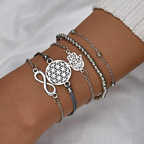 Jbniuay Juego de 5 Pulseras de Plata Color para Mujer, con símbolo de Infinito, Pulsera de Bolas, Pulsera de Cuerda con Adorno, Bohemias y Ajustables (Juego de 5 Pulseras)