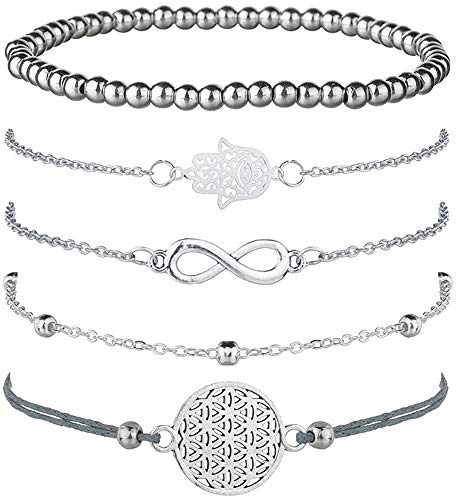 Jbniuay Juego de 5 Pulseras de Plata Color para Mujer, con símbolo de Infinito, Pulsera de Bolas, Pulsera de Cuerda con Adorno, Bohemias y Ajustables (Juego de 5 Pulseras)