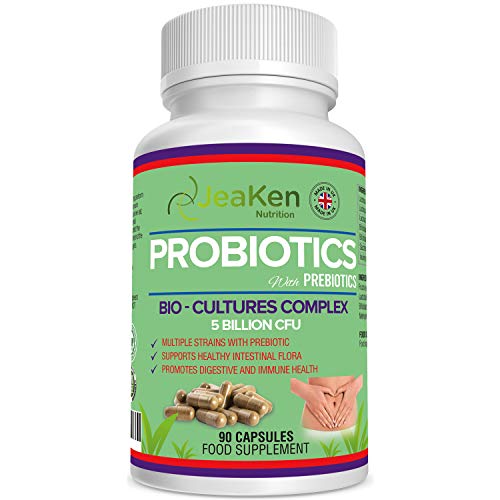 JeaKen - Probióticos con Prebióticos - Complejo de Bio Cultivos - Lactobacillus Gasseri - Rhamnosus y Acidophilus - Bifidobacterium Lactis y Bifidus - Saccharomyces Boulardi - 90 Cápsulas Veganas