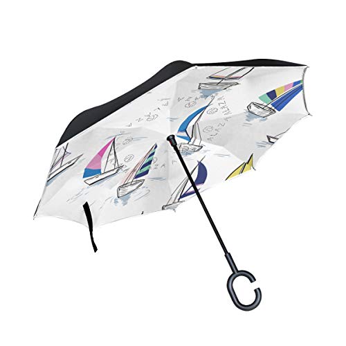 Jeansame Paraguas invertidas para Vela, Barco, Barco, Barco, yate, océano mediterráneo, Doble Capa, Resistente al Sol, Lluvia, Viento, con Mango en Forma de C para Uso en Coche, Hombres y Mujeres