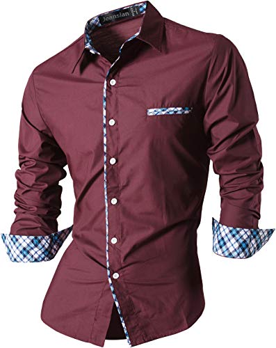 jeansian Hombre Camisa Moda Casual Button Down Slim Fit Long Sleeves Dress Shirt Tops Z020 Winered XXL