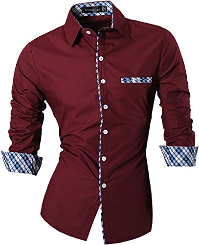 jeansian Hombre Camisa Moda Casual Button Down Slim Fit Long Sleeves Dress Shirt Tops Z020 Winered XXL