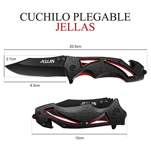 Jellas Cuchillo Plegable de Bolsillo 4-1 Navaja para Hombres y Mujeres 7Cr17 Acero Inoxidable, Cuchillo de Supervivencia de Aluminio y Bolsa de Cinturón, para Pesca, Senderismo, Camping