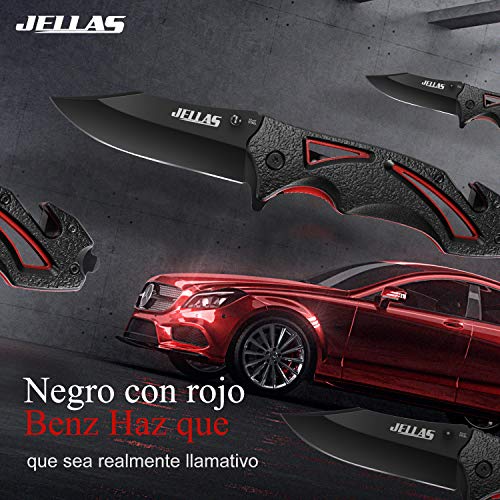 Jellas Cuchillo Plegable de Bolsillo 4-1 Navaja para Hombres y Mujeres 7Cr17 Acero Inoxidable, Cuchillo de Supervivencia de Aluminio y Bolsa de Cinturón, para Pesca, Senderismo, Camping