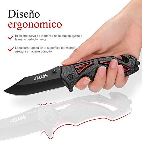 Jellas Cuchillo Plegable de Bolsillo 4-1 Navaja para Hombres y Mujeres 7Cr17 Acero Inoxidable, Cuchillo de Supervivencia de Aluminio y Bolsa de Cinturón, para Pesca, Senderismo, Camping