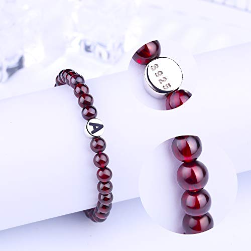 J.Endéar Letra inicial A-Z Alfabeto Pulsera de piedras preciosas, Pulsera de granate natural rojo de 5 mm, Pulseras de cuentas elásticas de plata con letras