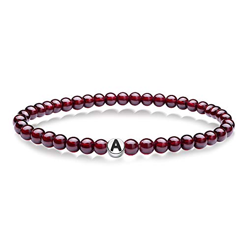 J.Endéar Letra inicial A-Z Alfabeto Pulsera de piedras preciosas, Pulsera de granate natural rojo de 5 mm, Pulseras de cuentas elásticas de plata con letras