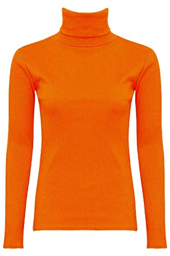 Jersey Acanalado para Mujer - Cuello de Cisne y Manga Larga - Algodón - Naranja - M/L - UK 12-14/EU 40-42