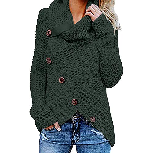 Jerseys De Punto para Mujer Cuello de Tortuga Manga Larga Suelto Prendas de Punto Suéter Irregular Jerséis Collar de la Pila Tops Cálido Otoño Invierno riou (z-Green, XL)