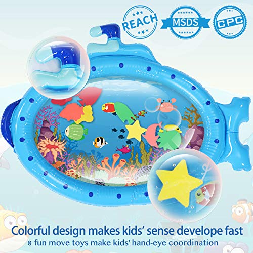 Jeteven Alfombra Inflable del Agua para Bebé, Baby Water Mat Tapetes De Juego Inflables A Prueba De Fugas Blue Submarine, para el Desarrollo Temprano del Bebé(86x68CM)