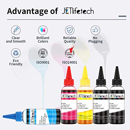 JETlifetech 4 colores Universal Kit de recarga de tinta para HP Cartuchos de tinta recargables y sistemas CISS, 100 ml por botella de tinta, 5 botellas (2 negras / 1 cian / 1 magenta / 1 amarilla）