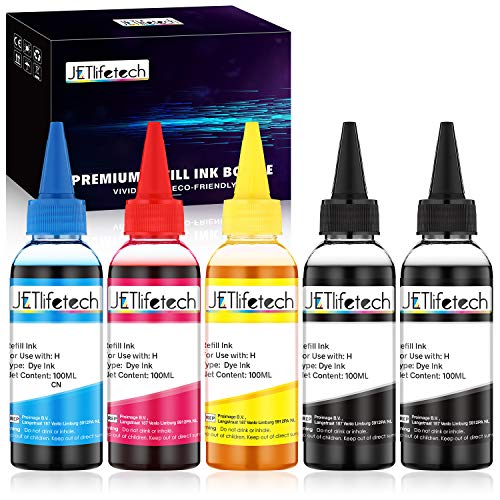 JETlifetech 4 colores Universal Kit de recarga de tinta para HP Cartuchos de tinta recargables y sistemas CISS, 100 ml por botella de tinta, 5 botellas (2 negras / 1 cian / 1 magenta / 1 amarilla）