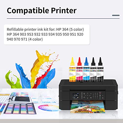 JETlifetech 5 colores Universal Kit de recarga de tinta para HP Cartuchos de tinta recargables y sistemas CISS, 100 ml por botella de tinta, 5 botellas (negro/negro fotográfico/cian/magenta/amarillo) JETlifetech 5 colores Universal Kit de recarga de tinta para HP Cartuchos de tinta recargables y sistemas CISS, 100 ml por botella de tinta, 5 botellas (negro/negro fotográfico/cian/magenta/amarillo)