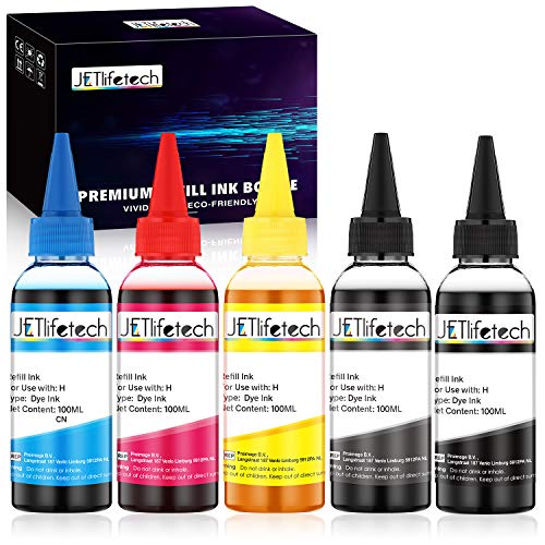 JETlifetech 5 colores Universal Kit de recarga de tinta para HP Cartuchos de tinta recargables y sistemas CISS, 100 ml por botella de tinta, 5 botellas (negro/negro fotográfico/cian/magenta/amarillo) JETlifetech 5 colores Universal Kit de recarga de tinta para HP Cartuchos de tinta recargables y sistemas CISS, 100 ml por botella de tinta, 5 botellas (negro/negro fotográfico/cian/magenta/amarillo)