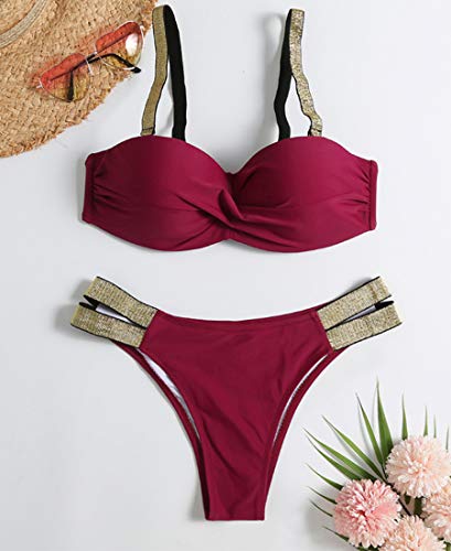 JFAN Traje de Baño de Mujer Cinturón Dorado Acolchado Bra Tops de Bikini Conjunto de Bikini de Color Liso Push Up Swimwear Dos Piezas Trajes de Baño Divididos JFAN Traje de Baño de Mujer Cinturón Dorado Acolchado Bra Tops de Bikini Conjunto de Bikini de Color Liso Push Up Swimwear Dos Piezas Trajes de Baño Divididos