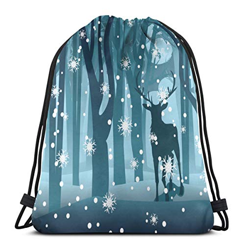 Jhonangel Silueta Deer Winter Gym Bag para Mujeres, Hombres, Mochila con cordón con Bolsillos Bolsa de Nylon Resistente al Agua Mochila Grande 14.2 x 16.9 Pulgadas / 36 x 43cm