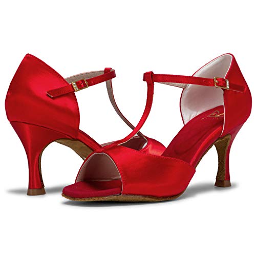 JIA JIA 20511 Latina Sandalias De Mujer 2.7 ''Talón Acampanado Super Satinado Zapatos de Baile Color Rojo,Tamaño 41 EU