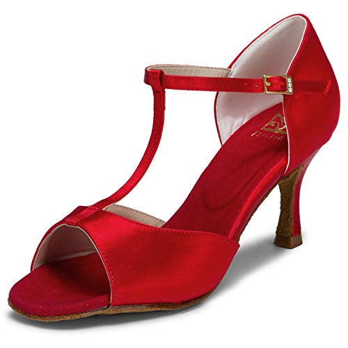 JIA JIA 20511 Latina Sandalias De Mujer 2.7 ''Talón Acampanado Super Satinado Zapatos de Baile Color Rojo,Tamaño 41 EU