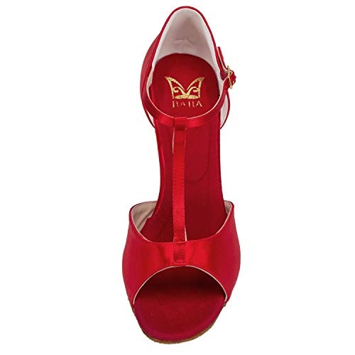 JIA JIA 20511 Latina Sandalias De Mujer 2.7 ''Talón Acampanado Super Satinado Zapatos de Baile Color Rojo,Tamaño 41 EU