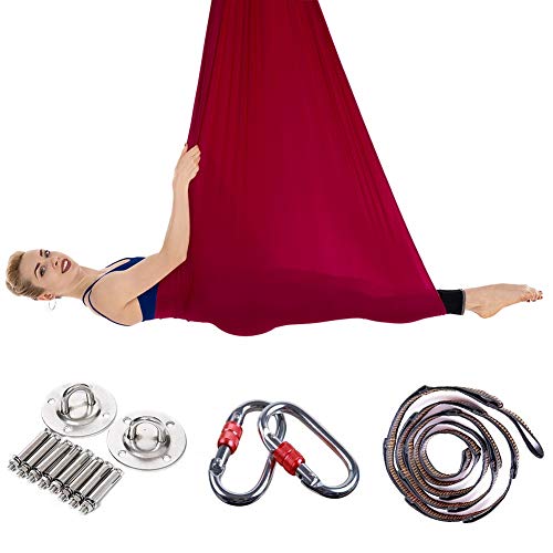 JIALFA Aerial Hamaca de Yoga, Silk Yoga Swing para Yoga antigravedad, Ejercicios de inversión, Flexibilidad Mejorada y Resistencia del núcleo - Accesorios de Montaje incluidos (Vino Tinto)