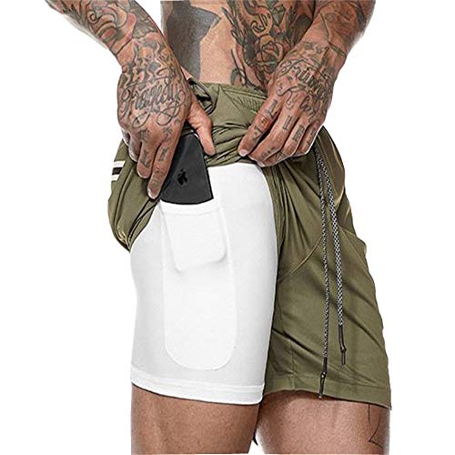 JIANYE Pantalón Corto para Hombre,Pantalones Cortos Deportivos para Correr 2 en 1 para Hombres Secado rápido Transpirable con Forro de Bolsillo Incorporado Verde L