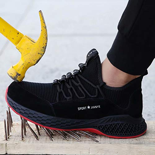 JIANYE - Zapatillas de trabajo S3 para hombre y mujer, con puntera de acero, unisex, transpirables, ligeras, color Negro, talla 41 EU