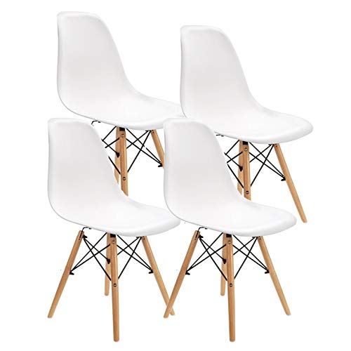 JIASEN Juego de 4 sillas de comedor de diseño moderno, sillas de comedor de plástico con patas de madera para oficina, cocina, dormitorio, color blanco JIASEN Juego de 4 sillas de comedor de diseño moderno, sillas de comedor de plástico con patas de madera para oficina, cocina, dormitorio, color blanco