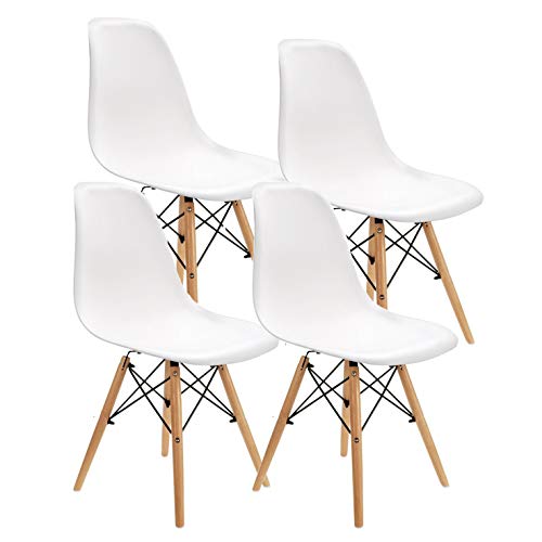 JIASEN Juego de 4 sillas de comedor de diseño moderno, sillas de comedor de plástico con patas de madera para oficina, cocina, dormitorio, color blanco