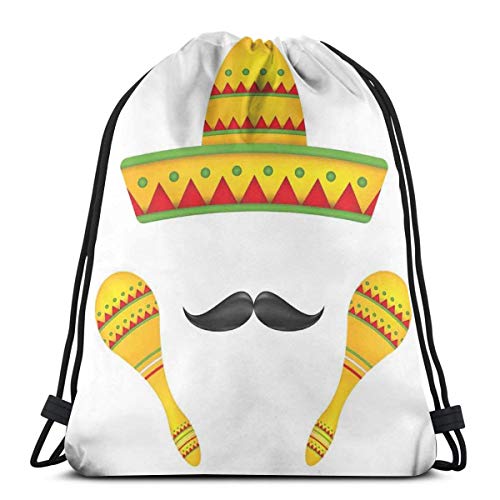 Jiger Drawstring Tote Bag Gym Bags Storage Backpack, Famous Centerpiece Icons Sombrero Moustache Rumba Shaker Mesoamerican Image,Very Strong Premium Quality Gym Bag for Adults & Children