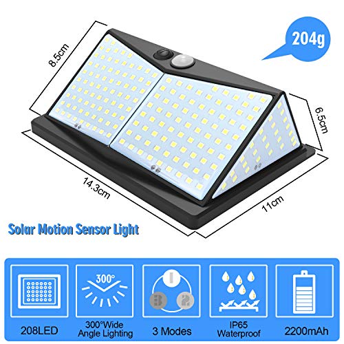 JIM'S STORE 208LED Luz Solar Exterior, Lámpara Solar con Sensor de Movimiento Impermeable 65 Ángulo 270º de Iluminación para Garaje Patio Jardín (2 Pack) JIM'S STORE 208LED Luz Solar Exterior, Lámpara Solar con Sensor de Movimiento Impermeable 65 Ángulo 270º de Iluminación para Garaje Patio Jardín (2 Pack)