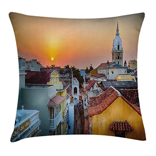 JIMSTRES Sunset Throw Pillow Cushion Cover by, View Over The Rooftops of The Old City Cartagena Cathedral Colombian Coast Picture, Decorative Square Accent Pillow Case, Multicolor 18x18 Inches