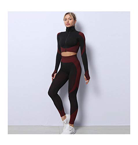 JIUJ Medias Deportivas Mujer Yoga Cintura Alta Traje Abdominal Ejercicio de Control de Parte B01 （Negro Rojo）-L