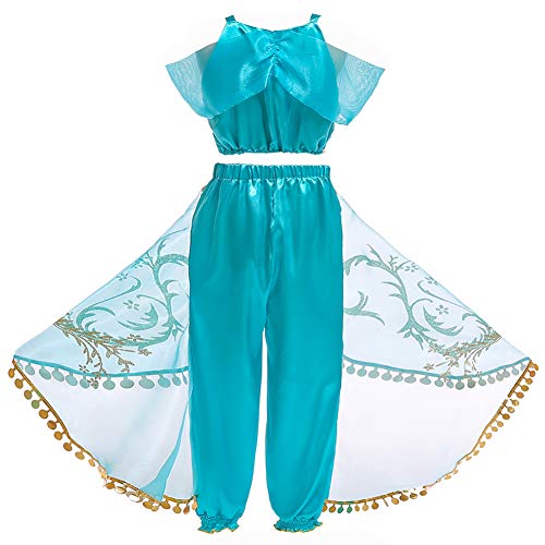 JK Disfraz de Princesa Jasmine con Lentejuelas para niñas, Vestido de Princesa Aladdin Jasmine para Fiesta de Halloween para niños (120cm)