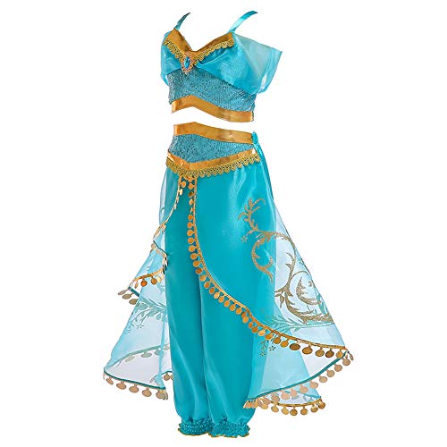 JK Disfraz de Princesa Jasmine con Lentejuelas para niñas, Vestido de Princesa Aladdin Jasmine para Fiesta de Halloween para niños (120cm)