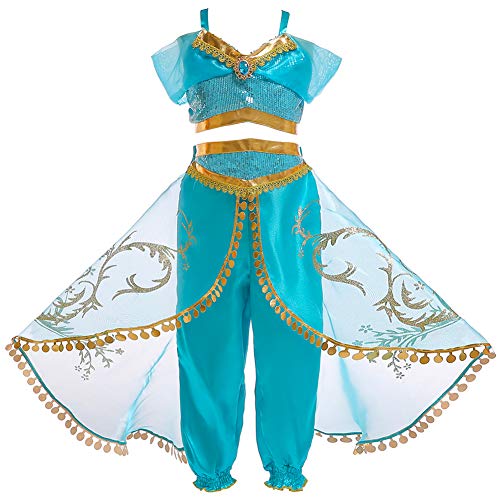 JK Disfraz de Princesa Jasmine con Lentejuelas para niñas, Vestido de Princesa Aladdin Jasmine para Fiesta de Halloween para niños (120cm)