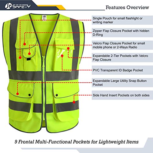 JKSafety Nueve bolsillos Nivel 2 Uniforme trabajo Chaleco con cremallera-Chaleco reflectante fluorescente-Chaleco de segurida