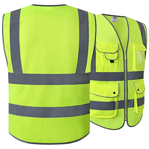 JKSafety Nueve bolsillos Nivel 2 Uniforme trabajo Chaleco con cremallera-Chaleco reflectante fluorescente-Chaleco de segurida